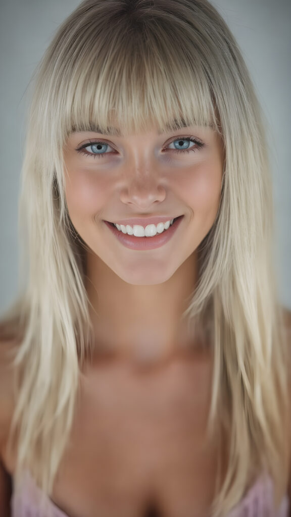 a (((beautiful girl looks like a cute doll))), she smile, open mouth and white teeth, with ((long, straight white hair, bangs)), and ((big, expressive, bright, natural light blue eyes)), that convey a sense of youthful allure. Her ((skin is flawless)). She's ((busty)), with ((big, round, full, slightly parted lips that add to her enchanting smile)). Her ((almond skin)) adds to her ((natural beauty)), with ((mini low-cut v-neck tank top, perfect and cute detailed belly button)), light grey studio backdrop, ( Hyper-detailed Warm tones Dramatic lighting Cinematic )
