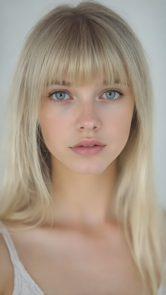 a (((beautiful girl looks like a cute doll))), with ((long, straight white hair, bangs)), and ((big, expressive, bright, natural light blue eyes)), that convey a sense of youthful allure. Her ((skin is flawless)). She's ((busty)), with ((big, round, full, slightly parted lips that add to her enchanting smile)). Her ((almond skin)) adds to her ((natural beauty)), with ((mini low-cut v-neck tank top, perfect and cute detailed belly button)), light grey studio backdrop, ( Hyper-detailed Warm tones Dramatic lighting Cinematic )