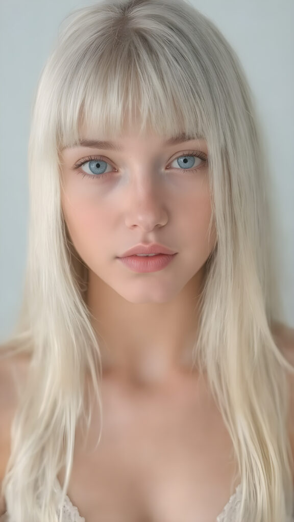 a (((beautiful girl looks like a cute doll))), with ((long, straight white hair, bangs)), and ((big, expressive, bright, natural light blue eyes)), that convey a sense of youthful allure. Her ((skin is flawless)). She's ((busty)), with ((big, round, full, slightly parted lips that add to her enchanting smile)). Her ((almond skin)) adds to her ((natural beauty)), with ((mini low-cut v-neck tank top, perfect and cute detailed belly button)), light grey studio backdrop, ( Hyper-detailed Warm tones Dramatic lighting Cinematic )