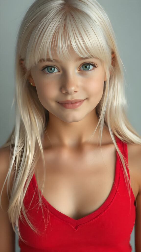 a realistic and detailed portrait, a (((beautiful young teen girl looks like a cute doll))), with ((super realistic, detailed long, straight white hair, bangs)), and ((big, expressive, bright, natural light blue eyes)), that convey a sense of youthful allure. Her ((skin is flawless)). She's ((busty)), with ((big, round, full, slightly parted lips that add to her enchanting smile)). Her ((almond skin)) adds to her ((natural beauty)), with ((red mini low-cut v-neck tank top, perfect and cute detailed belly button)), light grey studio backdrop, ( Hyper-detailed Warm tones Dramatic lighting Cinematic )