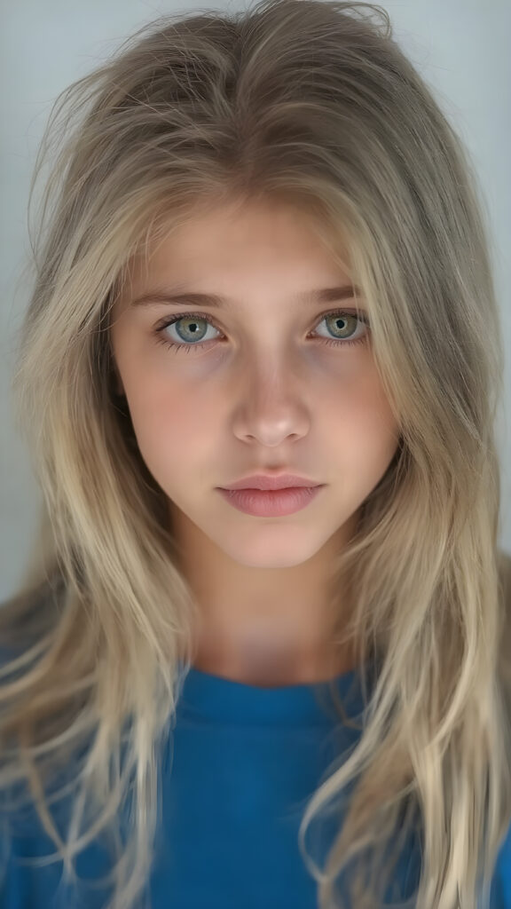 a (((beautiful young teen girl, 19 years old))) with (((extremely long, super realistic thick, cascading blonde hair))), which flows down to her waist and covers her front upper body, paired with (((brown, sand-colored eyes))), that convey a sense of tranquility. Her focus is on the camera, with a slightly turned head and a level of detail that suggests a (professional studio photo). Her attire is a (blue t-shirt). The setting is a (front profile), with a hint of a gentle smile, full body view