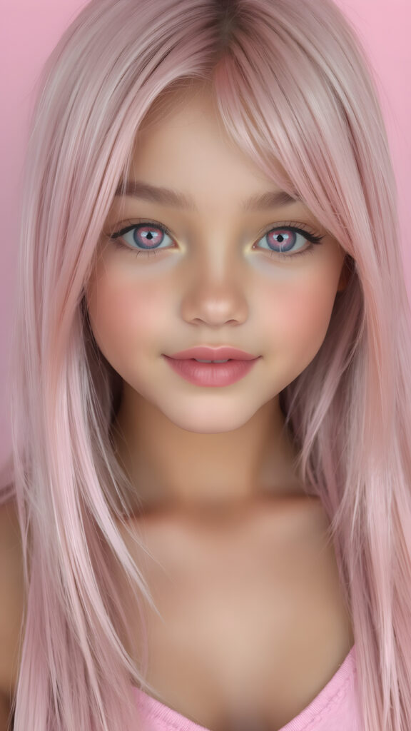 a (((beautiful young super realistic and detailed girl))), with ((extremely long, straight, thick soft pink hair)), and ((big, expressive, bright, natural pink eyes)), that convey a sense of youthful allure. Her ((skin is flawless)), with ((perfect pink lips)) that add to her enchanting smile. She's ((busty)), with ((big, round, full, slightly parted lips)), that are just barely parted in a playful smile. Her ((almond skin)) adds to her ((natural beauty)), with ((pink mini low-cut v-neck tank top)) that accentuates her ((female figure)), (soft, pink background)