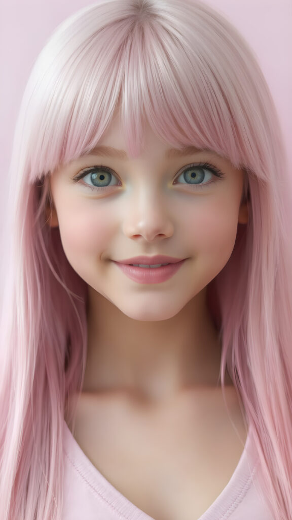 a (((beautiful young super realistic and detailed girl))), with ((extremely long, straight, thick soft pink hair)), and ((big, expressive, bright, natural pink eyes)), that convey a sense of youthful allure. Her ((skin is flawless)), with ((perfect pink lips)) that add to her enchanting smile. She's ((busty)), with ((big, round, full, slightly parted lips)), that are just barely parted in a playful smile. Her ((almond skin)) adds to her ((natural beauty)), with ((pink mini low-cut v-neck tank top)) that accentuates her ((female figure)), (soft, pink background)
