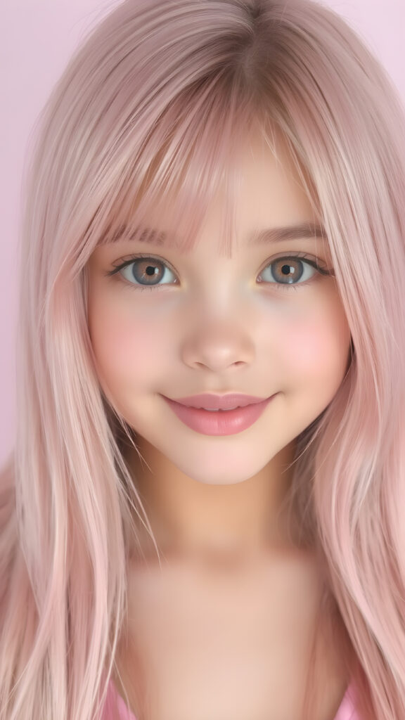 a (((beautiful young super realistic and detailed girl))), with ((extremely long, straight, thick soft pink hair)), and ((big, expressive, bright, natural pink eyes)), that convey a sense of youthful allure. Her ((skin is flawless)), with ((perfect pink lips)) that add to her enchanting smile. She's ((busty)), with ((big, round, full, slightly parted lips)), that are just barely parted in a playful smile. Her ((almond skin)) adds to her ((natural beauty)), with ((pink mini low-cut v-neck tank top)) that accentuates her ((female figure)), (soft, pink background)