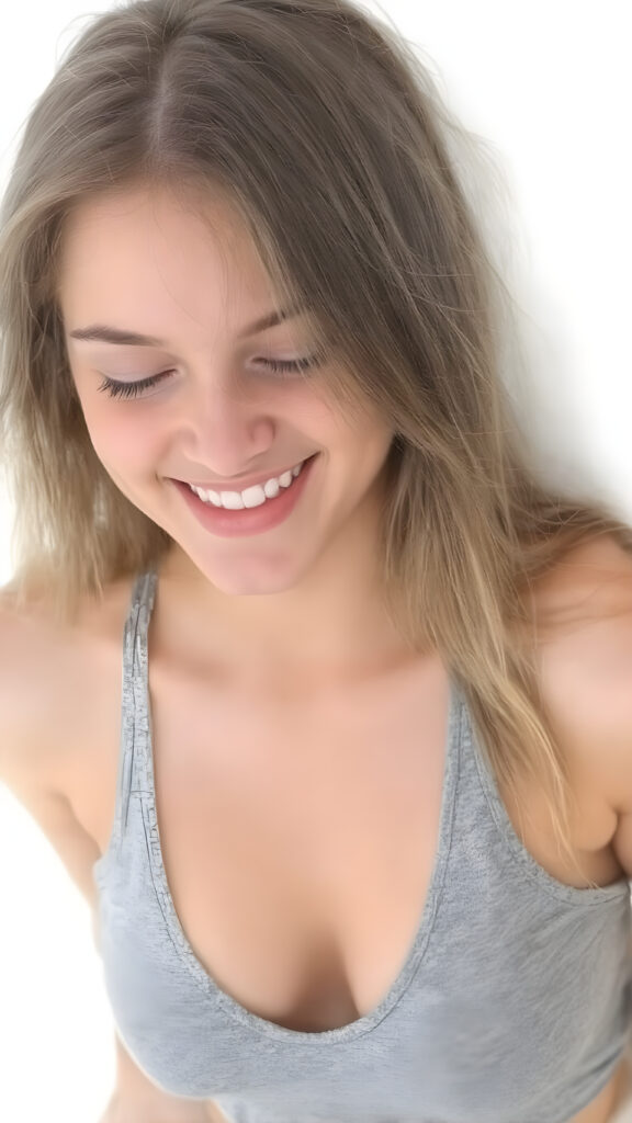 a (((beautiful busty young teen girl))), with straight (((light soft amber hair))) styled in a cropped and tight fitting (((grey short tank top, deep v-neck))). She has closed eyes and wide open mouth and white teeth and enjoy her desire. Round detailed cute face. She exudes a youthful vibe, reminiscent of a high school senior, with a petite, yet perfectly proportioned figure, that perfectly complements her advanced features and advanced beauty, white backdrop