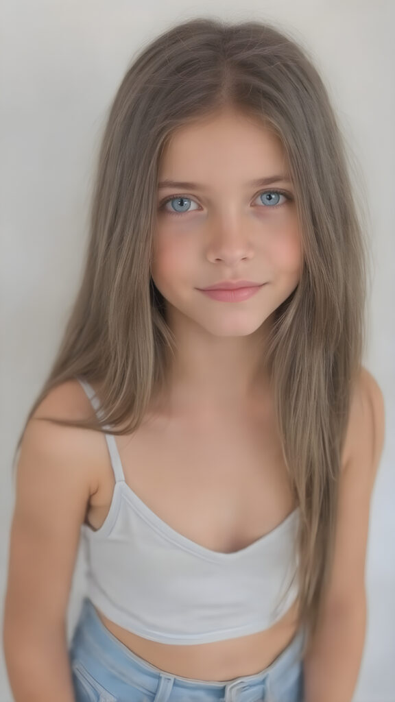 a (((beautiful, cute, and slender young girl))), with (light tan skin) and (very long, straight, thick, dark brown hair) that gives off a youthful glow, paired with (adorable puffy light blue eyes) that emit a sense of realism, all framed by a cozy (pastel color cropped short spaghetti tank top, deep v-neck) and (matching pastel blue jeans) cut in a (soft, pastel aesthetic) style that complements her (cheerful, happy expression) full body view