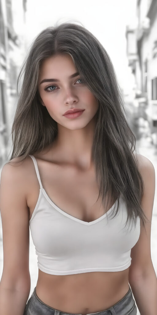 a (((beautiful young well busty teen girl, perfect curved body))), with flowing, (((soft long straight brown hair))). She is dressed in a sleek, (white cropped short tank top, deep v-neck), photograph, stands in the street