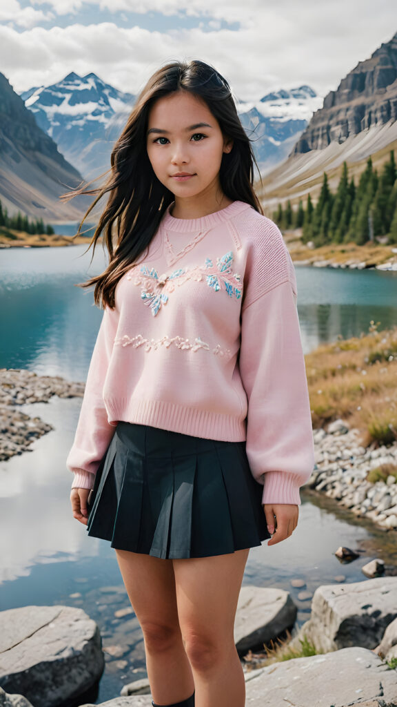 a beautiful 17 year old cute Inuit girl with long dark hair, a small round face, big blue eyes and cute cheeks. She is wearing a pink sweater, a black skirt and grey shoes. She is in a beautiful wild landscape, surrounded by a lake and mountains