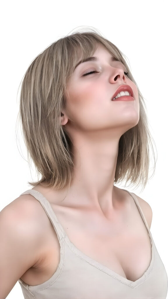 a (((beautiful well busty young teen girl))), with straight (((light soft amber hair))) styled in a cropped and tight fitting (((light amber short tank top, deep v-neck))). She has closed eyes and wide open mouth and white teeth and enjoy her desire, her head is tilted back and looks into the air. Round detailed cute face. She exudes a youthful vibe, reminiscent of a high school girl, with a petite, yet perfectly proportioned figure, that perfectly complements her advanced features and advanced beauty, white backdrop, side view, whole body