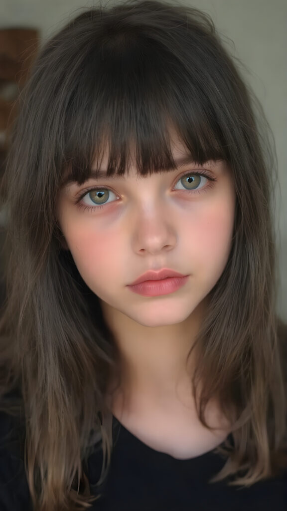 a beautiful (((young innocent girl))), with straight, (((long, black hair))), that softly curls into (vividly colored) bangs, framing a round face she's got big, bright, playful eyes that are captivating and inviting. Her lips are full and painted in (deep red) lipstick, complemented by (shades of pink) eyeshadow that accentuate her cheeks and add a pop of color to her overall look. Her skin is (pale white) , she's got beautiful, (brightly coloured) cheeks and (glowing) lips that add a pop of colour to her overall look. She wears a black oversized t-shirt