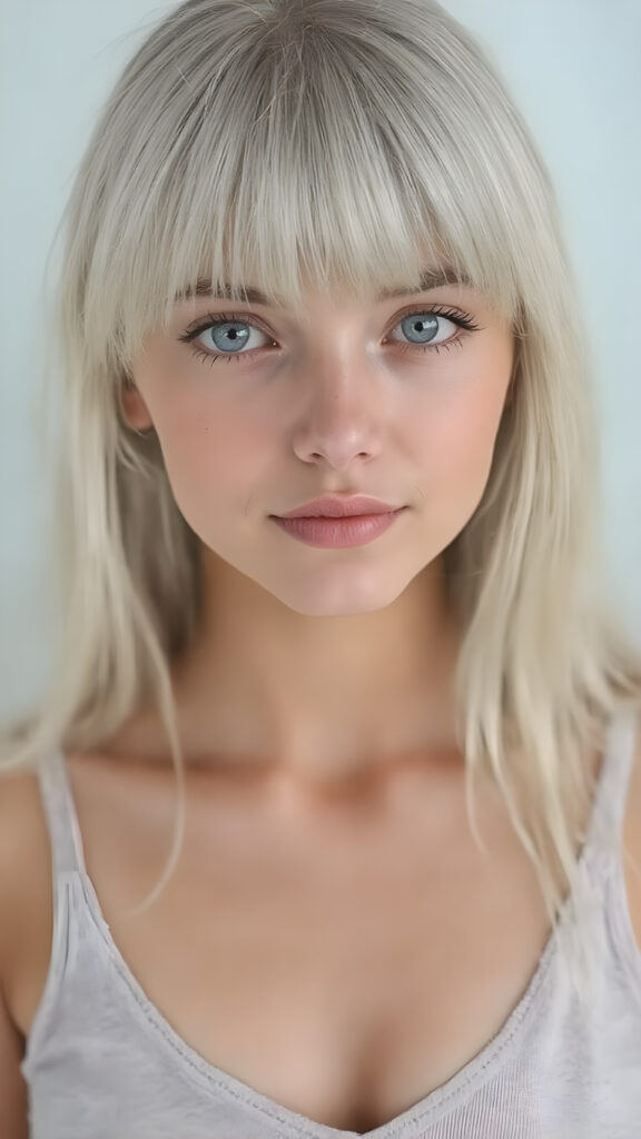 a (((beautiful girl looks like a cute doll))), with ((long, straight white hair, bangs)), and ((big, expressive, bright, natural light blue eyes)), that convey a sense of youthful allure. Her ((skin is flawless)). She's ((busty)), with ((big, round, full, slightly parted lips that add to her enchanting smile)). Her ((almond skin)) adds to her ((natural beauty)), with ((mini low-cut v-neck tank top, perfect and cute detailed belly button)), light grey studio backdrop, ( Hyper-detailed Warm tones Dramatic lighting Cinematic )
