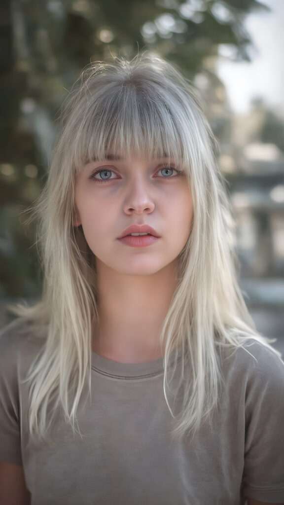 a (((beautiful young teen girl with a beautiful voice))), with super straight flowing, (((bright white hair, bangs))), (((extremely skinny and slender, with a sleek, yet softly proportioned figure))), wearing a ((t-shirt)) that accentuates her toned physique against a backdrop of a sunny, outdoor setting