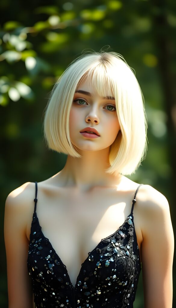 a (((beautiful teen girl))) dressed in a (((black crystal dress))), with soft full open straight blonde hair, bob cut, paired with delicate, against a backdrop in a green sunny forest.