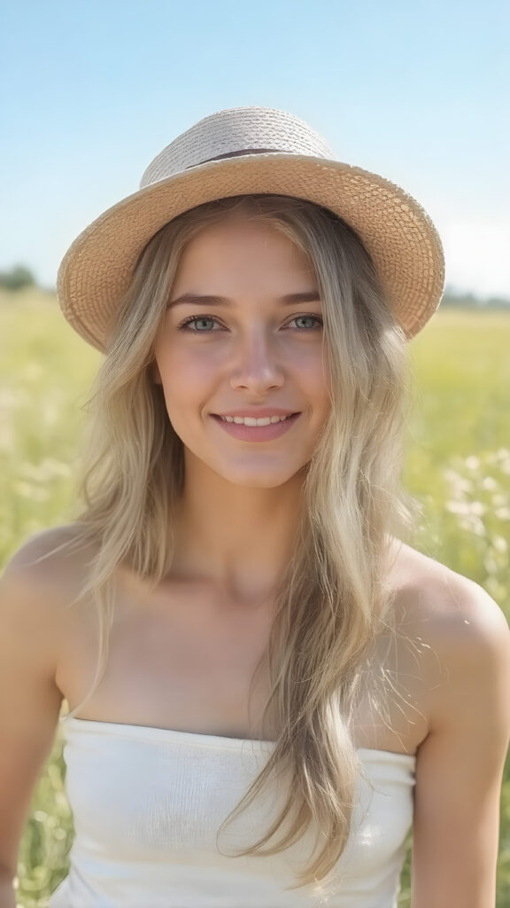 a (((beautiful, young, ((slender)), lean and fit cute girl))), with (pale skin) and (long, wavy, dirty blonde hair), that gives off a (soft glow), as she stands confidently in a (sunny meadow), wearing a (vintage-inspired, straw hat) that complements her look. Her expression is one of pure joy and excitement, as she gazes out into the (brightly sunny day).