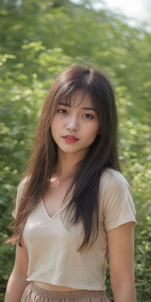 a (((beautiful Asian girl, with a sleek, yet delicate and petite physique, a youthful face with (sun-kissed) skin, straight long black hair, clad in (((hippie, retro 70s clothing, short t-shirt, deep v-neck, skirt))), exuding a sense of (hippieness) and (magnificence). Full body view, perfect curved body, capturing a ((vintage, retro 70s vibe)), sunny green backdrop
