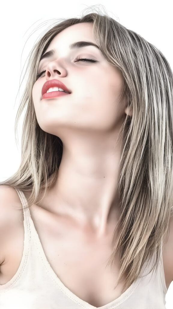 a (((beautiful well busty young teen girl))), with straight (((light soft amber hair))) styled in a cropped and tight fitting (((light amber short tank top, deep v-neck))). She has closed eyes and wide open mouth and white teeth and enjoy her desire, her head is tilted back and looks into the air. Round detailed cute face. She exudes a youthful vibe, reminiscent of a high school girl, with a petite, yet perfectly proportioned figure, that perfectly complements her advanced features and advanced beauty, white backdrop, side view, whole body