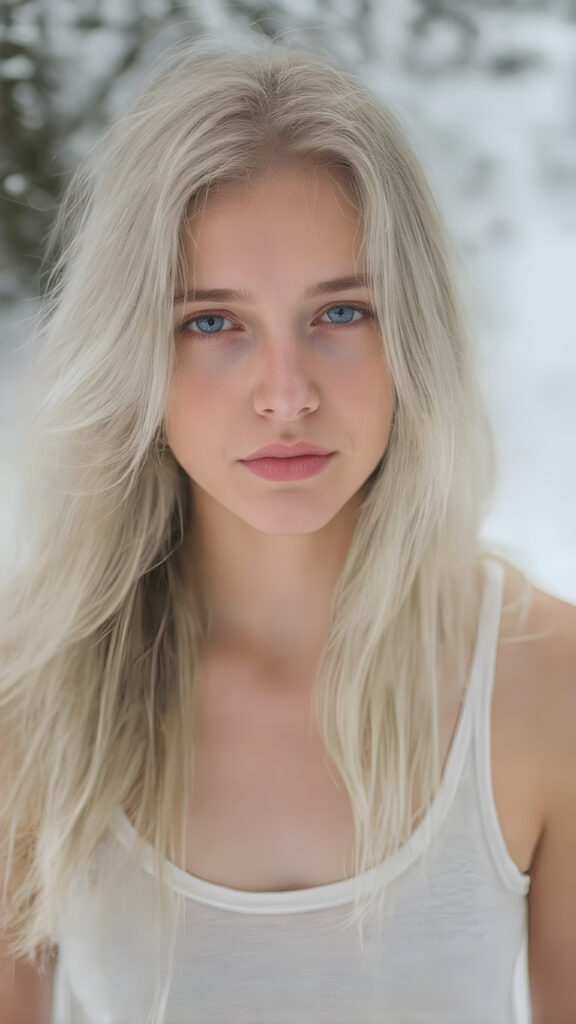 a (((beautiful girl with long, flowing white soft hair))), dressed in a ((comfortable tank top)) that complements her pale skin, giving off a cozy vibe. The shirt has a soft, slightly transparent quality, making it seem almost ethereal. She's posed in the snow, creating a sense of warmth and tranquility. Her hair is white. Full body view.