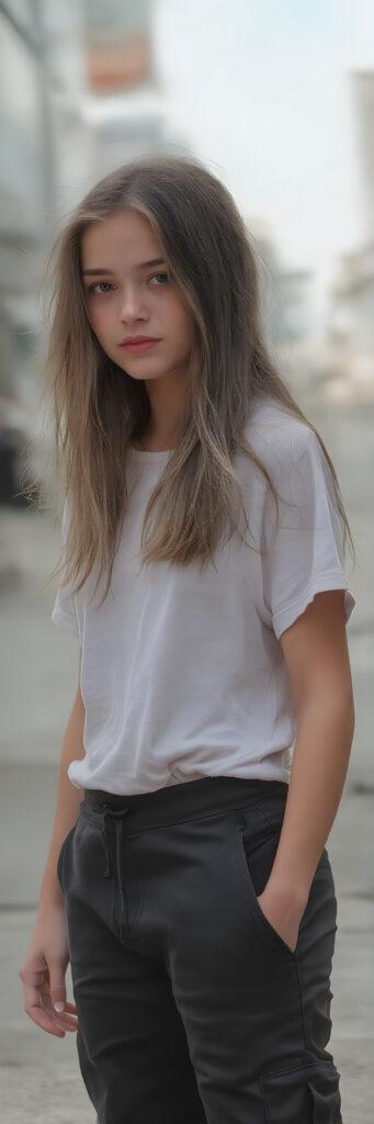 a (((beautiful young girl, perfect body, 15 years old))), with flowing, (((soft long straight brown hair))). (She is dressed in a sleek, ((t-shirt)), cargo pants), exuding just the right amount of youthful charm, photograph, full body side view, stands in the street