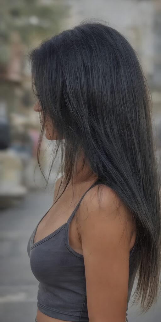 a (((beautiful young well busty girl, perfect curved body))), with flowing, (((soft long straight obsidian black hair))). She is dressed in a sleek, (cropped short tank top, deep v-neck), photograph, stands in the street, side view