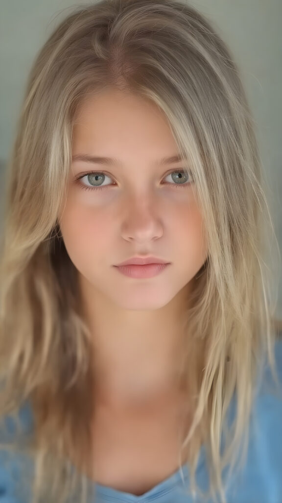 a (((beautiful young teen girl, 19 years old))) with (((extremely long, super realistic thick, cascading blonde hair))), which flows down to her waist and covers her front upper body, paired with (((brown, sand-colored eyes))), that convey a sense of tranquility. Her focus is on the camera, with a slightly turned head and a level of detail that suggests a (professional studio photo). Her attire is a (blue t-shirt). The setting is a (front profile), with a hint of a gentle smile, full body view