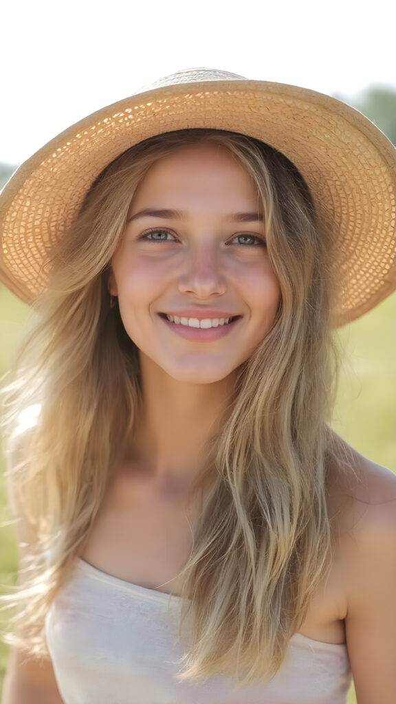 a (((beautiful, young, ((slender)), lean and fit cute girl))), with (pale skin) and (long, wavy, dirty blonde hair), that gives off a (soft glow), as she stands confidently in a (sunny meadow), wearing a (vintage-inspired, straw hat) that complements her look. Her expression is one of pure joy and excitement, as she gazes out into the (brightly sunny day).