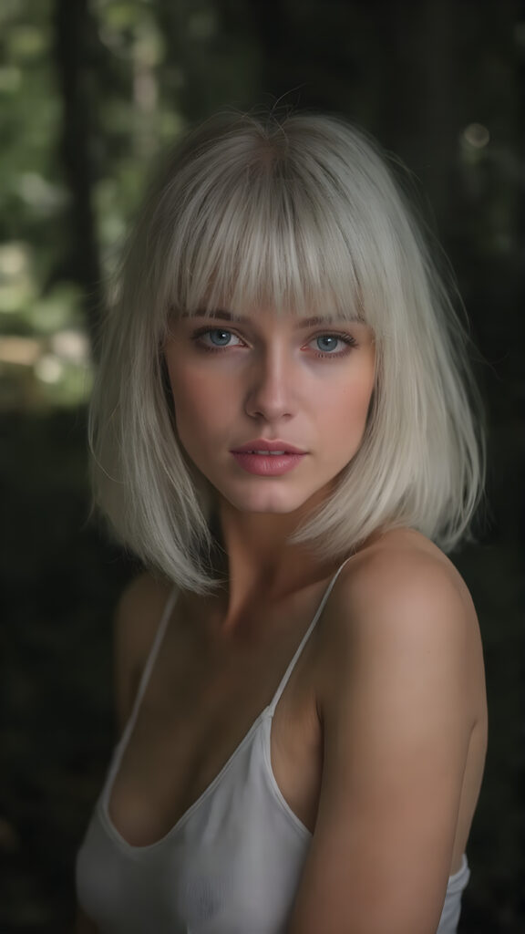 a (((beautiful girl))) in a ((forest at night)), with ((pale skin)) and ((brightly colored eyes)), white soft straight hair bob and bangs cut, dressed in a short white (((spaghetti top))), which gently billows around her form, accentuating her perfect curved figure and softly illuminated by the glow of (natural forest light)