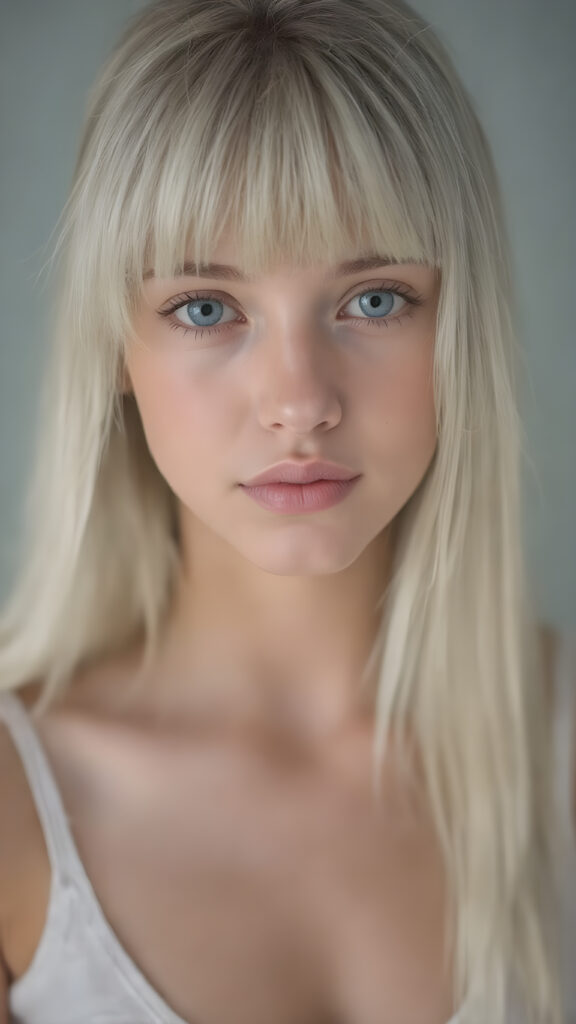 a (((beautiful girl looks like a cute doll))), with ((long, straight white hair, bangs)), and ((big, expressive, bright, natural light blue eyes)), that convey a sense of youthful allure. Her ((skin is flawless)). She's ((busty)), with ((big, round, full, slightly parted lips that add to her enchanting smile)). Her ((almond skin)) adds to her ((natural beauty)), with ((mini low-cut v-neck tank top, perfect and cute detailed belly button)), light grey studio backdrop, ( Hyper-detailed Warm tones Dramatic lighting Cinematic )