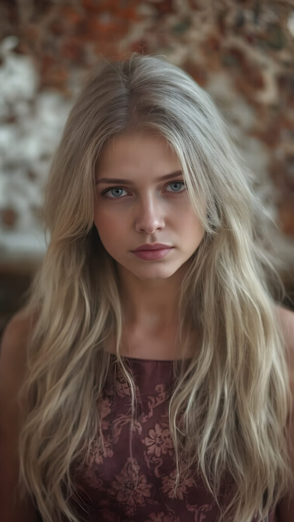 a (((beautiful witch girl))) with luxurious, (((shiny very long blond soft hair))), flawless skin, and a serene expression, her face and form are intricately detailed, giving off a soft glow that adds a touch of magic, she's dressed in a ((silk dress with designs of small flowers)), which accentuates her elegant figure, blending seamlessly with the intricate patterns and colors of the setting