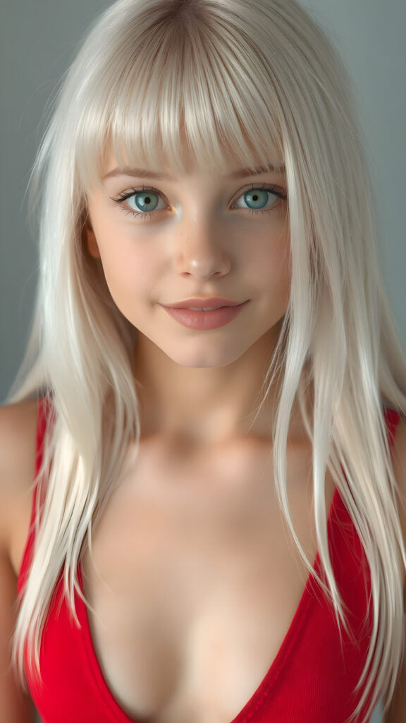 a realistic and detailed portrait, a (((beautiful young teen girl looks like a cute doll))), with ((super realistic, detailed long, straight white hair, bangs)), and ((big, expressive, bright, natural light blue eyes)), that convey a sense of youthful allure. Her ((skin is flawless)). She's ((busty)), with ((big, round, full, slightly parted lips that add to her enchanting smile)). Her ((almond skin)) adds to her ((natural beauty)), with ((red mini low-cut v-neck tank top, perfect and cute detailed belly button)), light grey studio backdrop, ( Hyper-detailed Warm tones Dramatic lighting Cinematic )