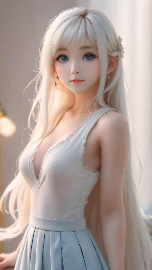 a (((beautiful young girl looks like a cute doll))), with ((long, straight white hair, bangs)), and ((big, expressive, bright, natural light blue eyes)), that convey a sense of youthful allure. Her ((skin is flawless)). She's ((busty)), with ((big, round, full, slightly parted lips that add to her enchanting smile)). Her ((almond skin)) adds to her ((natural beauty)), with ((mini low-cut v-neck tank top, perfect and cute detailed belly button)), light grey studio backdrop, ( Hyper-detailed Warm tones Dramatic lighting Cinematic )