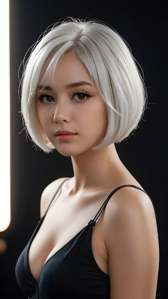 a (((beautiful well busty girl))) with a (((bob cut hair style, soft straight white hair))), accompanied by (((volumetric lighting))) that bring out the (masterpiece) details, all against a (plain, dark backdrop) that focuses on the (face) and its intricate, (hyper-realistic) features, captures the essence of (digital art), ((black dressed in an short tank top, deep v-neck)) ((full body))