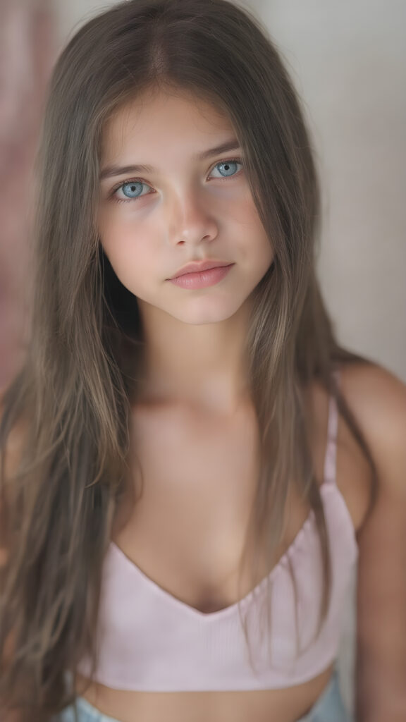 a (((beautiful, cute, and slender young girl))), with (light tan skin) and (very long, straight, thick, dark brown hair) that gives off a youthful glow, paired with (adorable puffy light blue eyes) that emit a sense of realism, all framed by a cozy (pastel color cropped short spaghetti tank top, deep v-neck) and (matching pastel blue jeans) cut in a (soft, pastel aesthetic) style that complements her (cheerful, happy expression) full body view