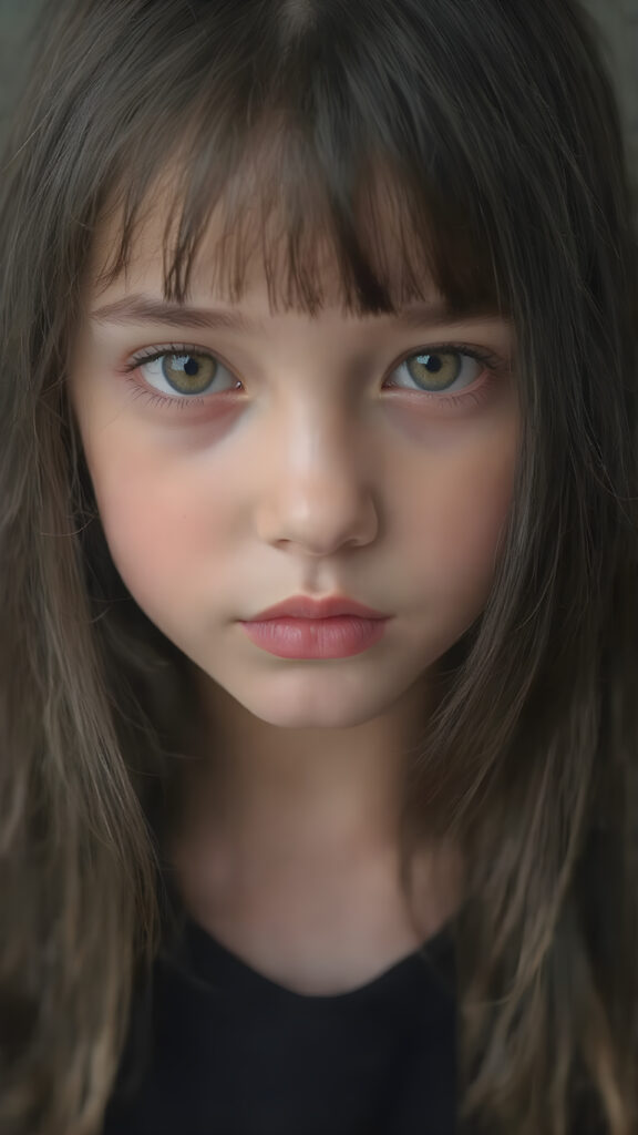 a beautiful (((young innocent girl))), with straight, (((long, black hair))), that softly curls into (vividly colored) bangs, framing a round face she's got big, bright, playful eyes that are captivating and inviting. Her lips are full and painted in (deep red) lipstick, complemented by (shades of pink) eyeshadow that accentuate her cheeks and add a pop of color to her overall look. Her skin is (pale white) , she's got beautiful, (brightly coloured) cheeks and (glowing) lips that add a pop of colour to her overall look. She wears a black oversized t-shirt