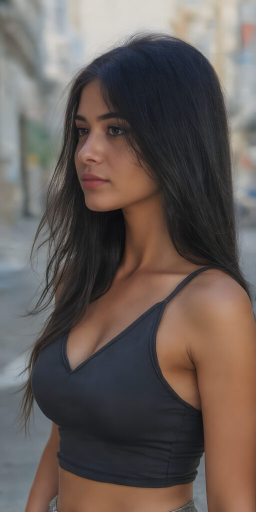 a (((beautiful young well busty girl, perfect curved body))), with flowing, (((soft long straight obsidian black hair))). She is dressed in a sleek, (cropped short tank top, deep v-neck), photograph, stands in the street, side view