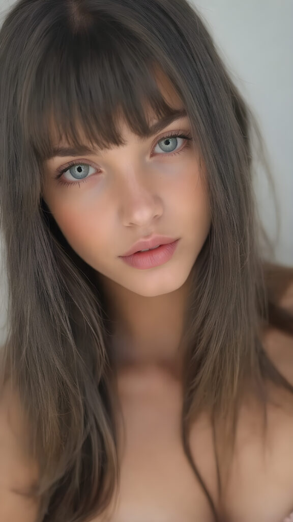 a (((beautiful girl looks like a doll))), with ((long, straight black hair, bangs)), and ((big, expressive, bright, natural light blue eyes)), that convey a sense of youthful allure. Her ((skin is flawless)). She's ((busty)), with ((big, round, full, slightly parted lips that add to her enchanting smile)). Her ((almond skin)) adds to her ((natural beauty)), with ((mini low-cut v-neck tank top, perfect and cute detailed belly button)), light grey studio backdrop, ( Hyper-detailed Warm tones Dramatic lighting Cinematic )