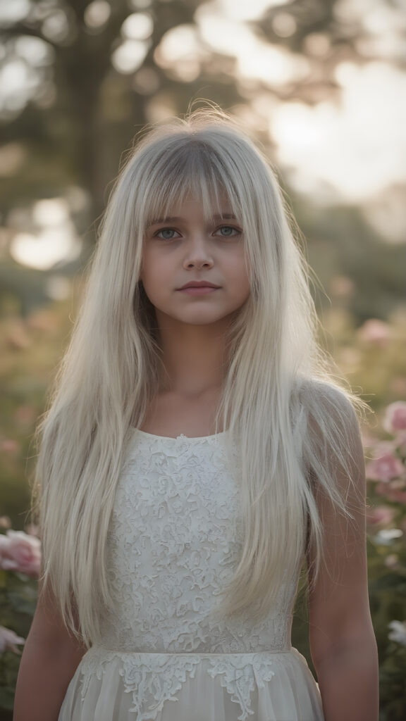 a (((beautiful young girl))) named Eva, with straight, (((long, silky white hair))), dressed in a (((white, sparkling dress))), adorned with intricate floral designs, waiting confidently in a (Paradise Garden) under a gently glowing skies)
