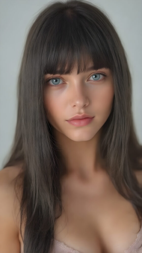 a (((beautiful girl looks like a doll))), with ((long, straight black hair, bangs)), and ((big, expressive, bright, natural light blue eyes)), that convey a sense of youthful allure. Her ((skin is flawless)). She's ((busty)), with ((big, round, full, slightly parted lips that add to her enchanting smile)). Her ((almond skin)) adds to her ((natural beauty)), with ((mini low-cut v-neck tank top, perfect and cute detailed belly button)), light grey studio backdrop, ( Hyper-detailed Warm tones Dramatic lighting Cinematic )