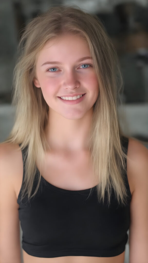 a (((beautiful busty young teen girl))), with straight (((light blond hair))) styled in a cropped and tight fitting (((black short tank top))). Her smile comes alive, revealing naturally full lips that match the perfect shade of detail and clarity. She exudes a youthful vibe, reminiscent of a high school senior, with a petite, yet perfectly proportioned figure, that perfectly complements her advanced features and advanced beauty, white backdrop