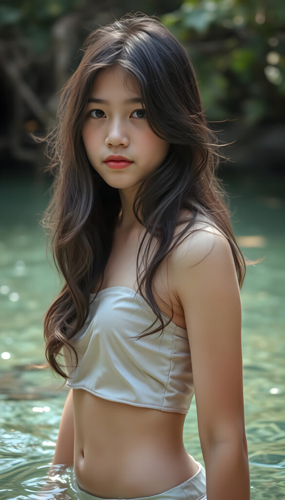 a (((beautiful young girl))), with long, black, wavy hair cascading down her shoulders, standing confidently in a crystal clear (((natural spring))), her face turned bashfully towards the camera, wearing a delicate, sleek (((silk crop top))), along with a playful, (round, short mini skirt) that accentuates her figure