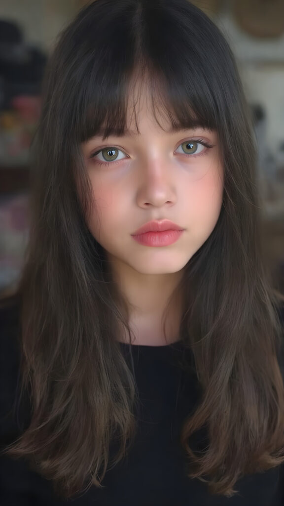 a beautiful (((young innocent girl))), with straight, (((long, black hair))), that softly curls into (vividly colored) bangs, framing a round face she's got big, bright, playful eyes that are captivating and inviting. Her lips are full and painted in (deep red) lipstick, complemented by (shades of pink) eyeshadow that accentuate her cheeks and add a pop of color to her overall look. Her skin is (pale white) , she's got beautiful, (brightly coloured) cheeks and (glowing) lips that add a pop of colour to her overall look. She wears a black oversized t-shirt