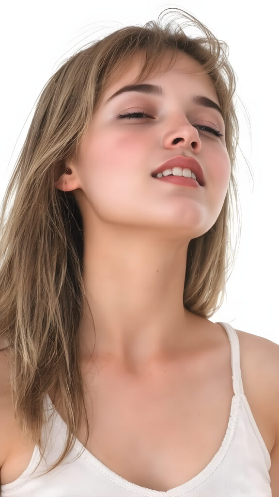 a (((beautiful well busty young teen girl))), with straight (((light soft amber hair))) styled in a cropped and tight fitting (((light amber short tank top, deep v-neck))). She has closed eyes and wide open mouth and white teeth and enjoy her desire, her head is tilted back and looks into the air. Round detailed cute face. She exudes a youthful vibe, reminiscent of a high school girl, with a petite, yet perfectly proportioned figure, that perfectly complements her advanced features and advanced beauty, white backdrop, side view, whole body