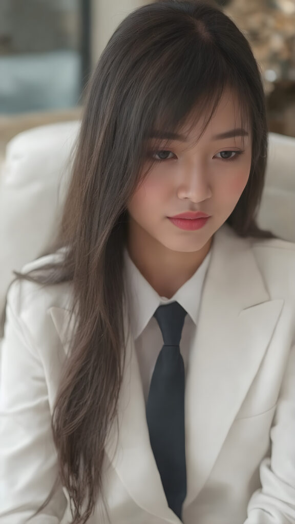 a (((beautiful young Asian woman))), with (((long, straight black hair))), and (((red full plump lips))), dressed in a ((white, sleek business suit)), inclusive of a matching ((white shirt)), (((black tie))), and luxurious ((black leather gloves)) for an elegant, yet casual look. She holds a ((small, sleek white handbag)) with a ((gold, engraved clasp)) on the strap that reflects light like a diamond. Her (((skin is exuding (soft, realistic imperfections) that only add to her youthful features)), with (((white skin))), (((straight, natural nose))), and (((full, plump lips))), which together create a youthful, serene atmosphere. (((She is seated in a (crying, tears wet her cheeks))), but her (((glove is elegantly tied on her hands))), and her (((pale, soft white skin))), along with (((extremely long, softly curved, black straight hair))), and (((vividly red, straight lips))), which are just barely parted.