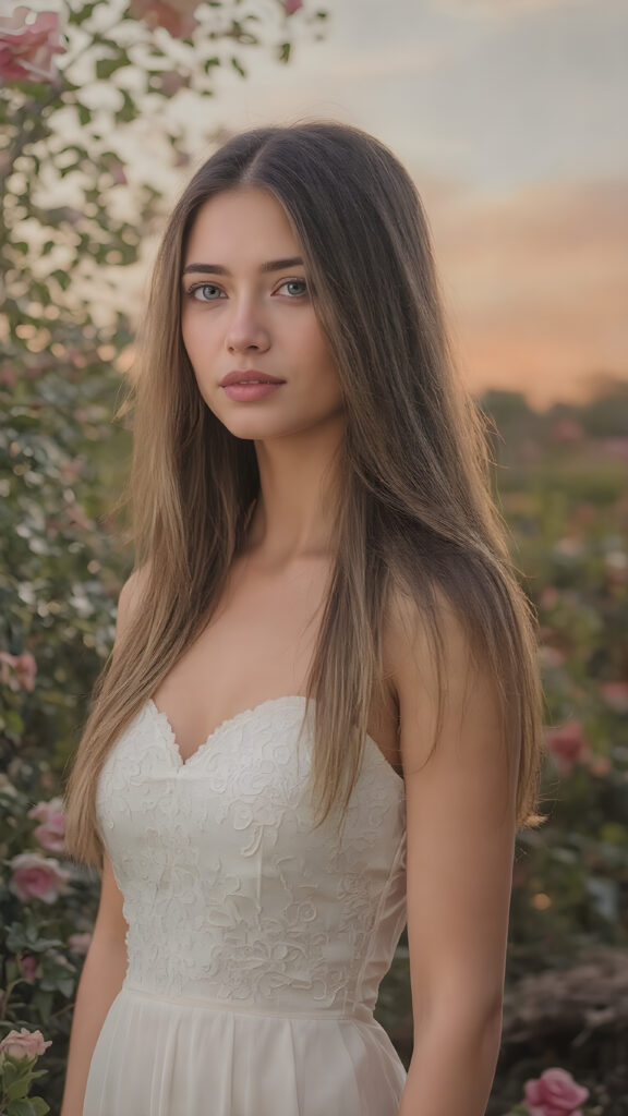 a (((beautiful young woman, perfect female body))) named Eva, with straight, (((long, silky brown and blonde hair))), dressed in a (((white, dress))), adorned with intricate floral designs, waiting confidently in a ((Paradise Garden) under a gently glowing skies)