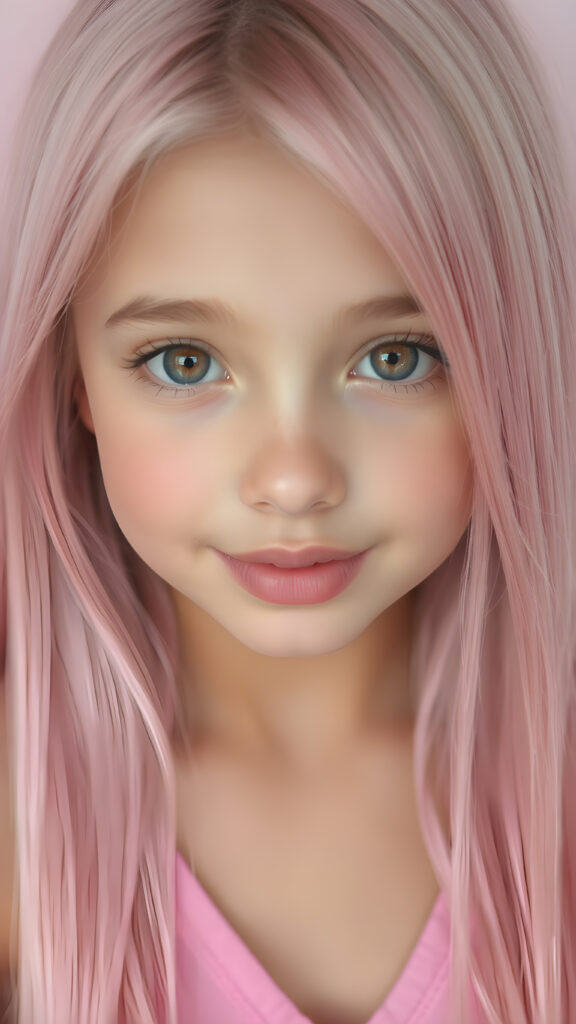 a (((beautiful young super realistic and detailed girl))), with ((extremely long, straight, thick soft pink hair)), and ((big, expressive, bright, natural pink eyes)), that convey a sense of youthful allure. Her ((skin is flawless)), with ((perfect pink lips)) that add to her enchanting smile. She's ((busty)), with ((big, round, full, slightly parted lips)), that are just barely parted in a playful smile. Her ((almond skin)) adds to her ((natural beauty)), with ((pink mini low-cut v-neck tank top)) that accentuates her ((female figure)), (soft, pink background)