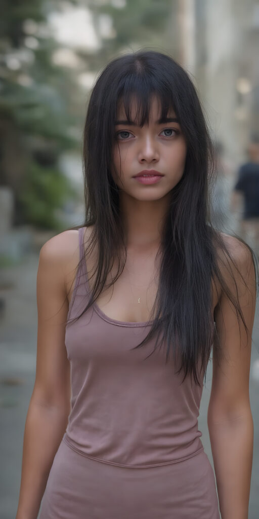 a (((beautiful young girl, perfect curved body))), with flowing, (((soft long straight black hair))). She is dressed in a sleek, (tank top and round mini skirt), photograph, stands in the street