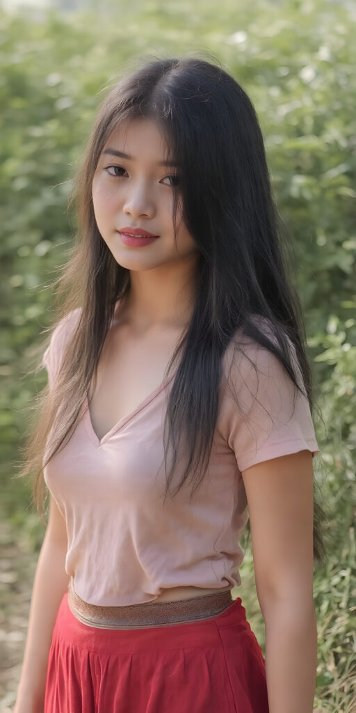 a (((beautiful Asian girl, with a sleek, yet delicate and petite physique, a youthful face with (sun-kissed) skin, straight long black hair, clad in (((hippie, retro 70s clothing, short t-shirt, deep v-neck, skirt))), exuding a sense of (hippieness) and (magnificence). Full body view, perfect curved body, capturing a ((vintage, retro 70s vibe)), sunny green backdrop