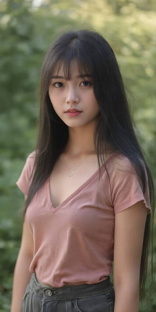 a (((beautiful Asian girl, with a sleek, yet delicate and petite physique, a youthful face with (sun-kissed) skin, straight long black hair, clad in (((hippie, retro 70s clothing, short t-shirt, deep v-neck, skirt))), exuding a sense of (hippieness) and (magnificence). Full body view, perfect curved body, capturing a ((vintage, retro 70s vibe)), sunny green backdrop
