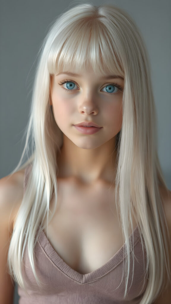 a (((beautiful young girl looks like a cute doll))), with ((long, straight white hair, bangs)), and ((big, expressive, bright, natural light blue eyes)), that convey a sense of youthful allure. Her ((skin is flawless)). She's ((busty)), with ((big, round, full, slightly parted lips that add to her enchanting smile)). Her ((almond skin)) adds to her ((natural beauty)), with ((mini low-cut v-neck tank top, perfect and cute detailed belly button)), light grey studio backdrop, ( Hyper-detailed Warm tones Dramatic lighting Cinematic )