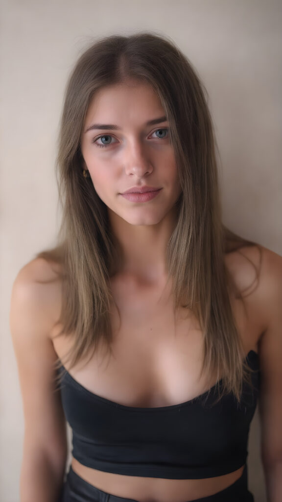 a (((beautiful, charming, alluring and captivating busty teen girl))), with straight, (((brown hair))), that perfectly frames her face, paired with (((flared and sleek black jeans))), accentuated by a (((very slight smile))), which gives off an air of sophistication and seduction