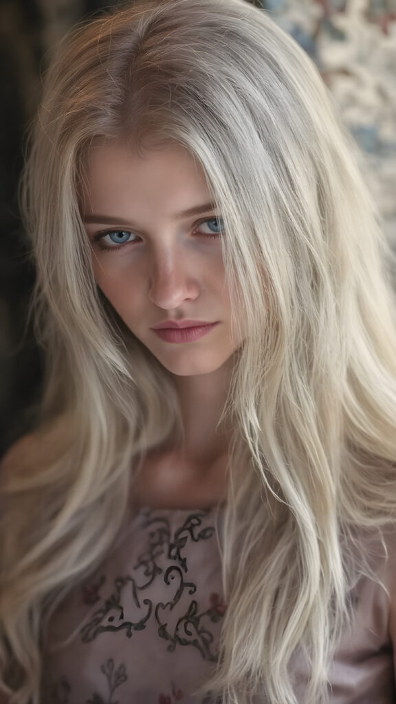 a (((beautiful witch girl))) with luxurious, (((shiny very long blond soft hair))), flawless skin, and a serene expression, her face and form are intricately detailed, giving off a soft glow that adds a touch of magic, she's dressed in a ((silk dress with designs of small flowers)), which accentuates her elegant figure, blending seamlessly with the intricate patterns and colors of the setting